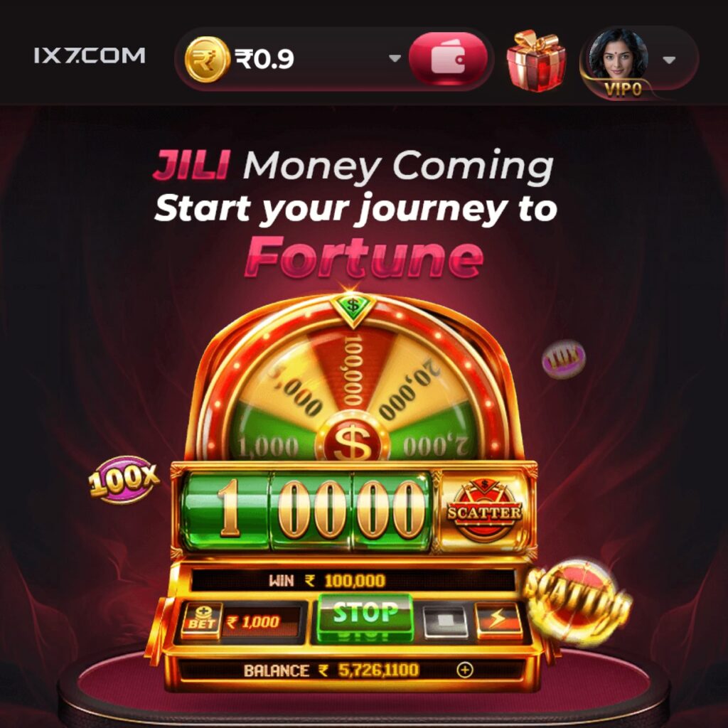 IX7 Game app dashboard with colorful casino game options and bonus rewards display